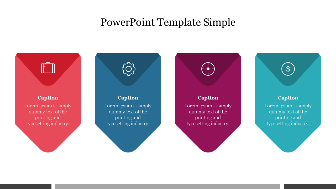 Simple PPT slide featuring four colorful labels with icons and placeholder captions.