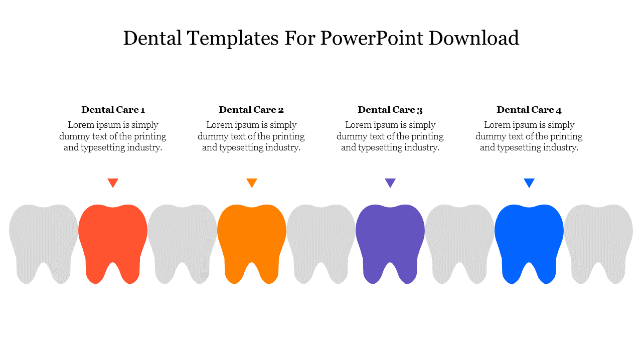 Dental care slide featuring colored tooth icons in red, orange, purple, and blue, with placeholder text  describing each.