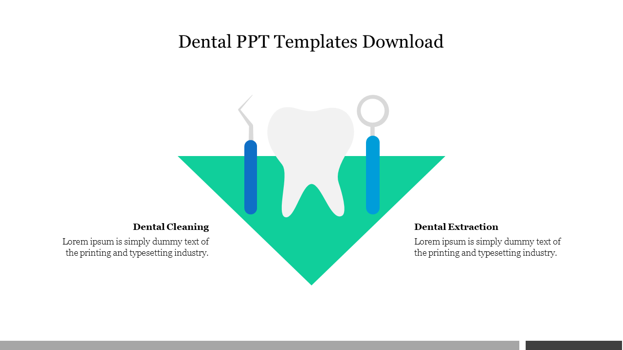 Central tooth icon with blue dental instruments on both sides, set over a green triangular background.