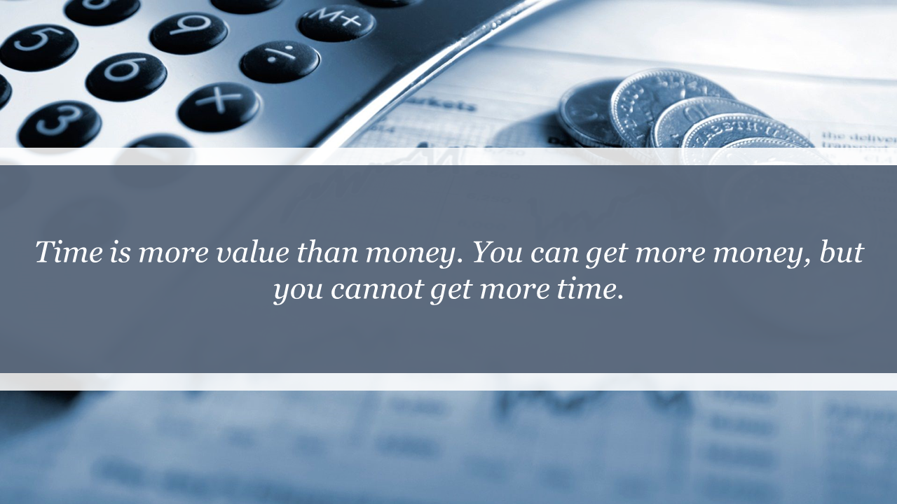 Slide showing a calculator and coins on financial documents, with a blue tinted overlay across the center.