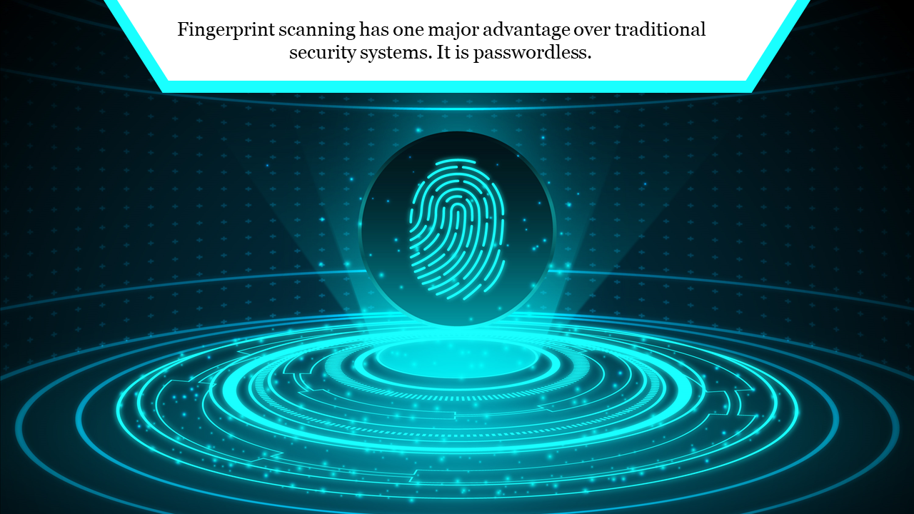 Futuristic fingerprint graphic illuminated over circular layers of teal lights, with text on top discussing security.