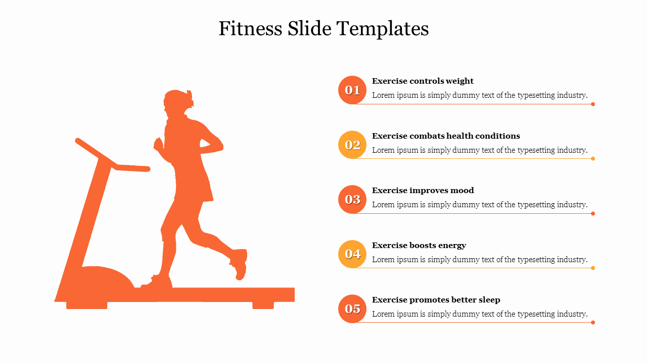 Orange silhouette of a person on a treadmill, with five numbered benefits of exercise listed on the right.