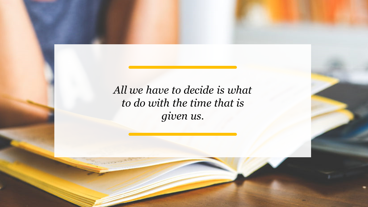 Slide with a white quote overlay box on a blurred desk scene with books and a person in the background.