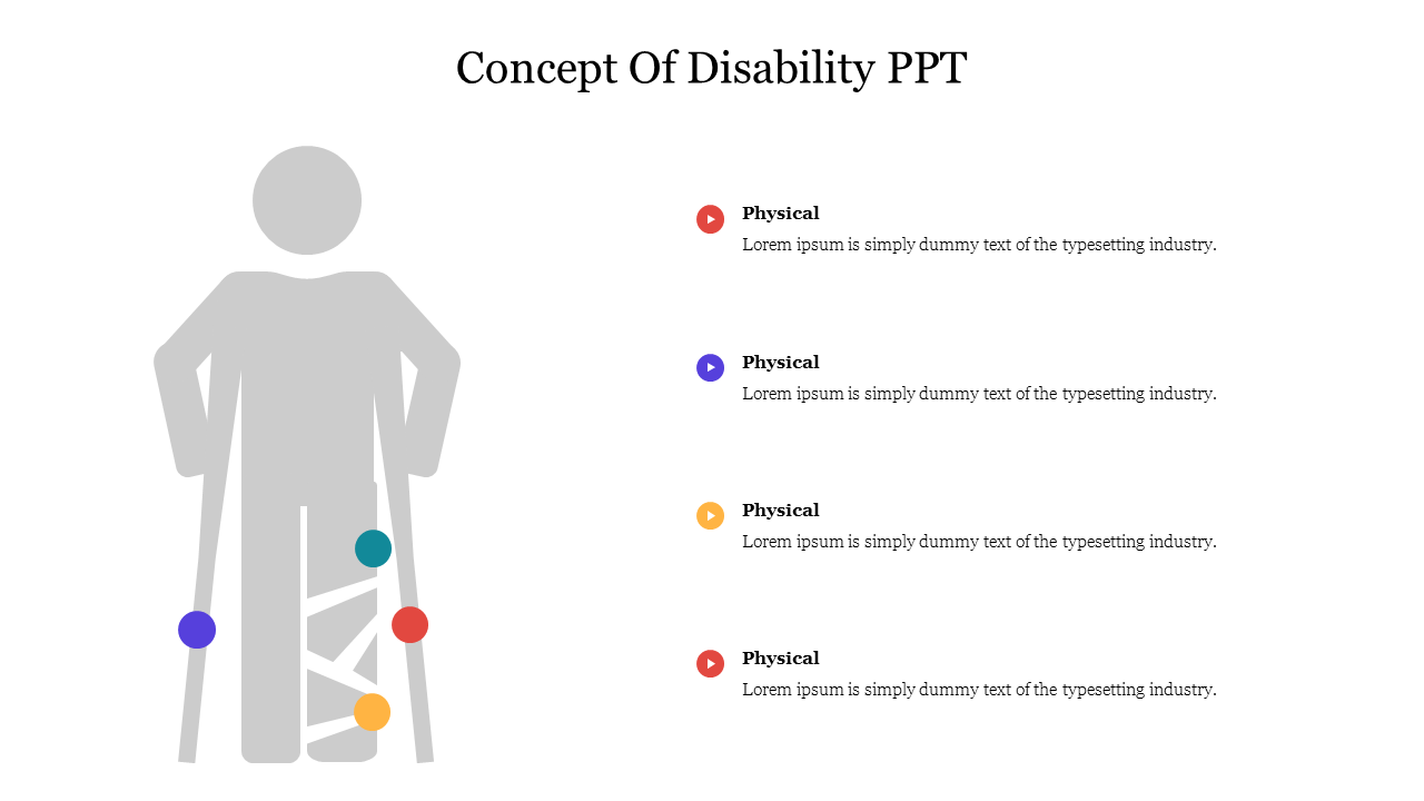 Illustration of a person with crutches and four colored dots marking points, and corresponding disability text on the right.