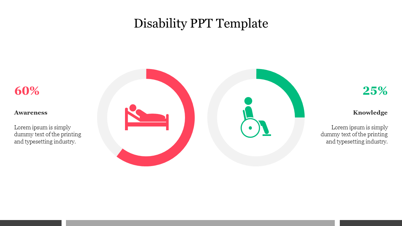 Disability awareness slide with two colored icons and percentages with placeholder text.