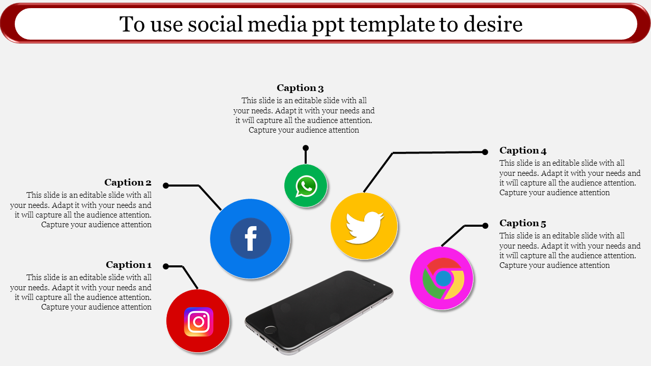 Central phone graphic with five circular social media icons in red, blue, green, yellow, and pink linked to captions.