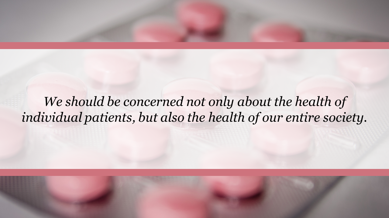 PowerPoint slide with a soft pink medical background featuring pills and a quote on societal health.