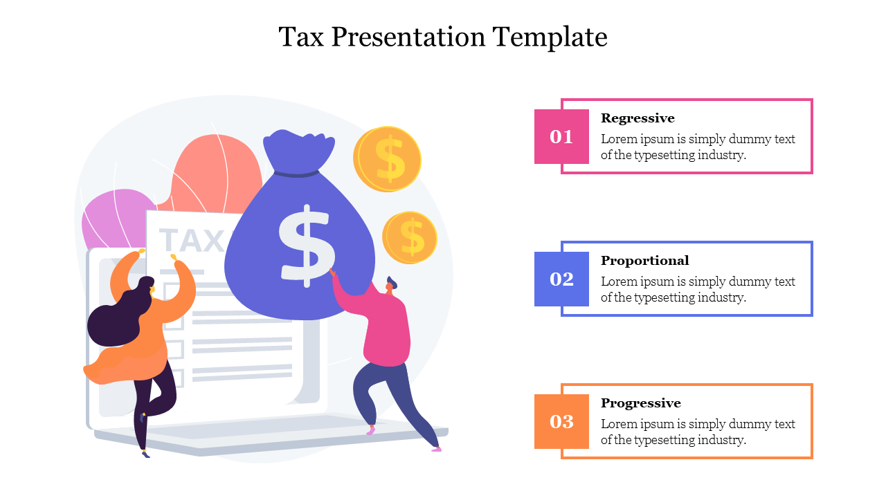 Tax template showing a large money bag icon with two characters and three types of taxes each with numbered caption areas.