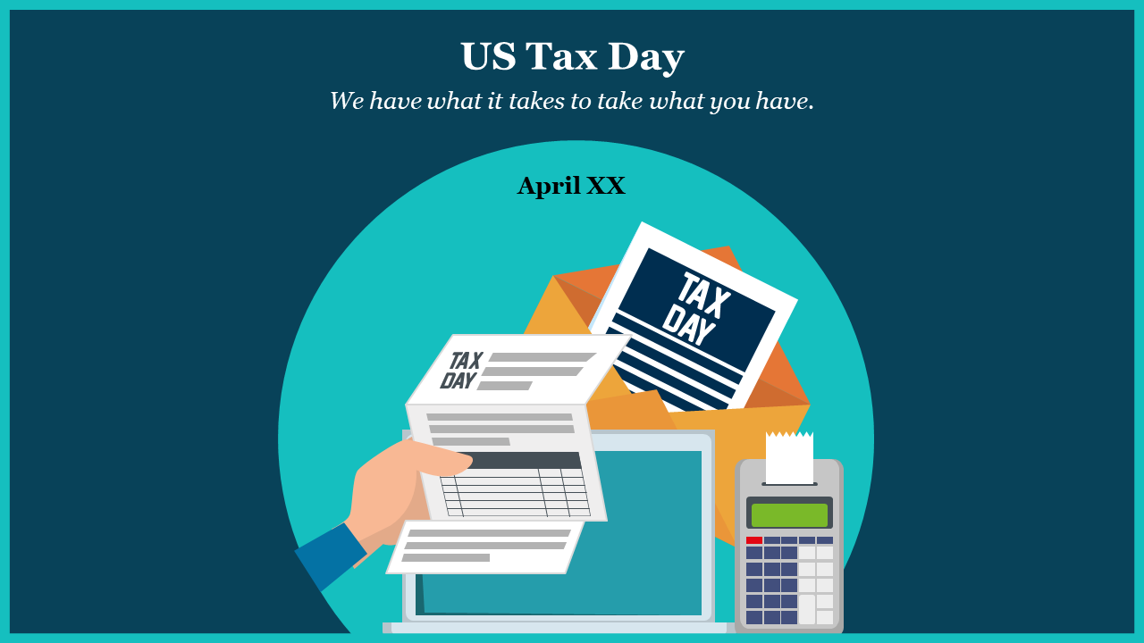 Teal circle containing tax forms, an envelope, and a calculator on a blue background, symbolizing tax preparation.