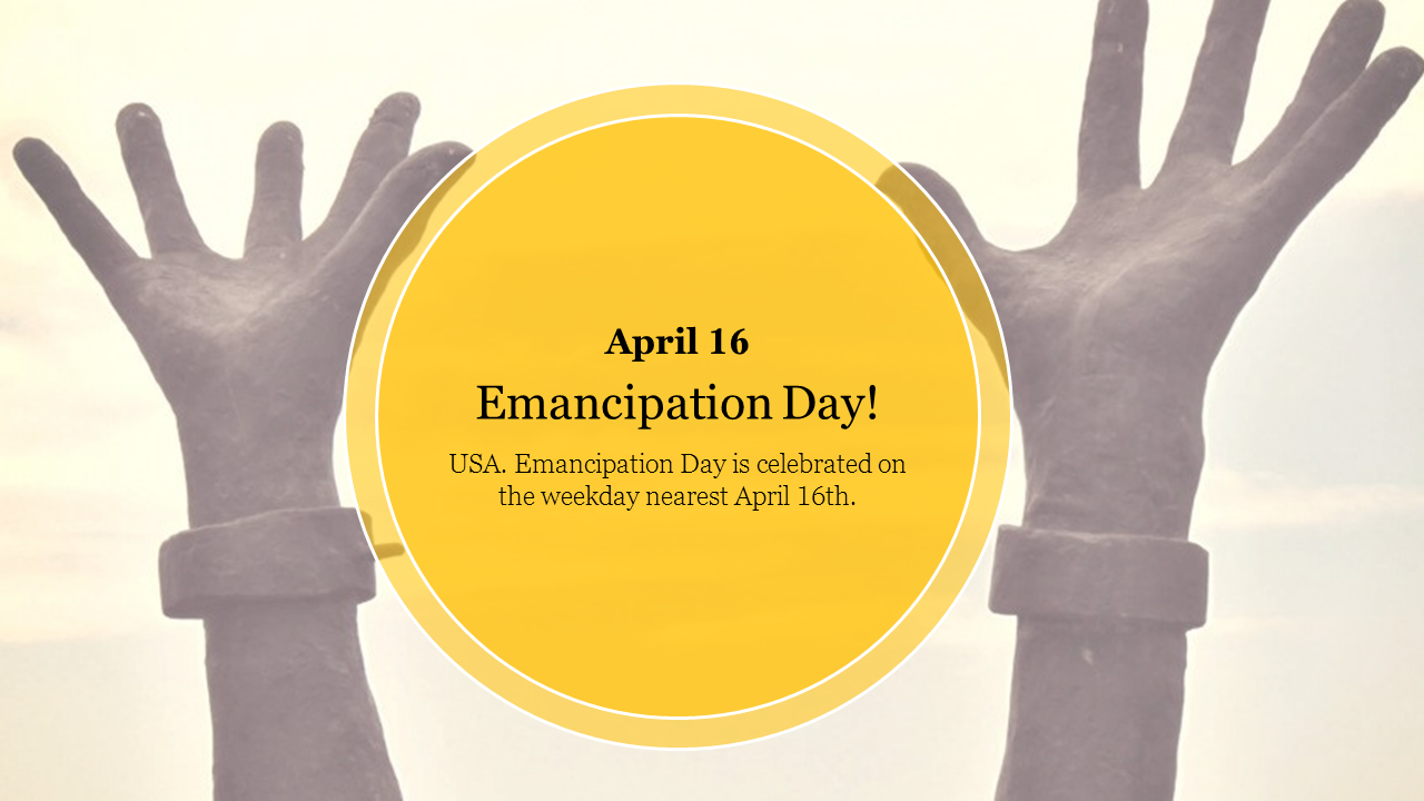 Emancipation day slide with April 16 highlighted in a yellow circle, symbolizing freedom with raised unshackled hands.