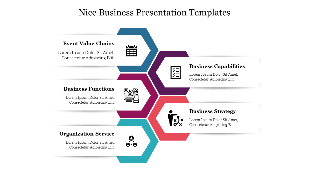 Infographic with interlinked hexagons in blue, pink, teal, purple, and orange, connecting text boxes with business icons.