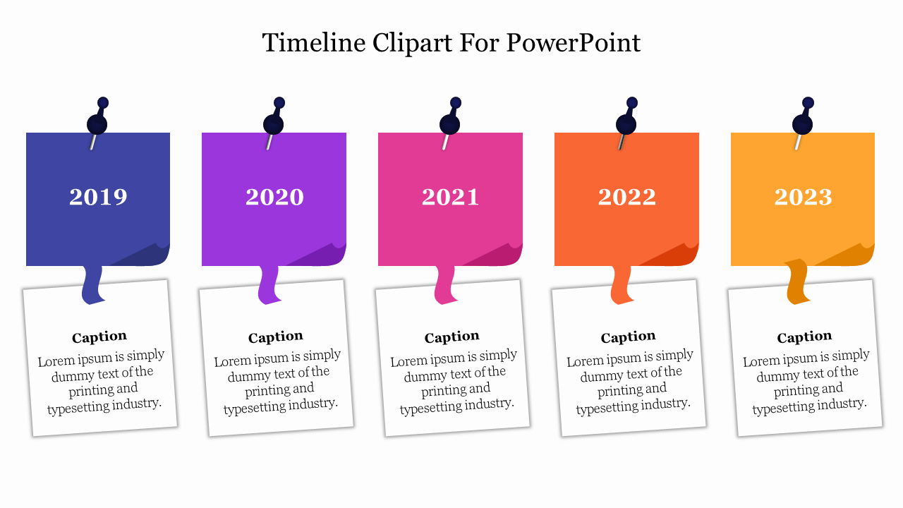 Timeline clipart featuring colorful sticky notes with years from 2019 to 2023, each with a caption placeholder below.