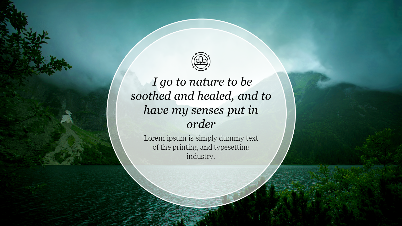 Nature landscape with mountains, lake, and greenery, featuring an inspirational quote with placeholder text.