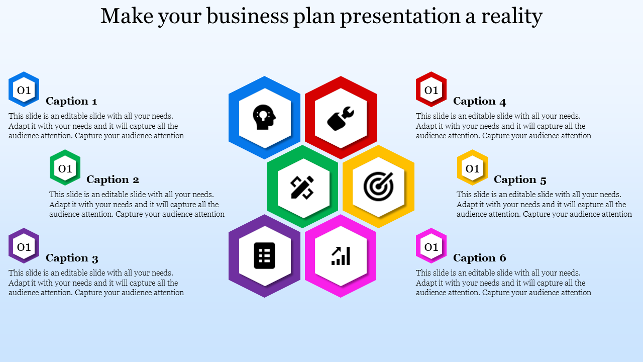 Business design with six icons inside hexagonal shapes, including a brain, wrench, tools, target, calculator, and bar graph.