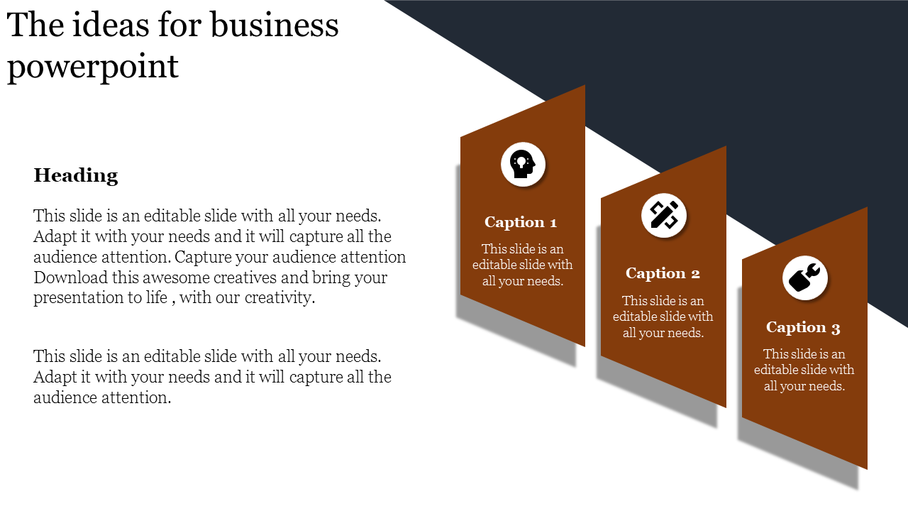 Business PowerPoint slide featuring three captioned sections with icons in a creative design.