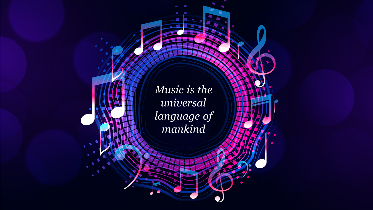 Vibrant music notes in pink and blue circling a black center with the quote in the middle.