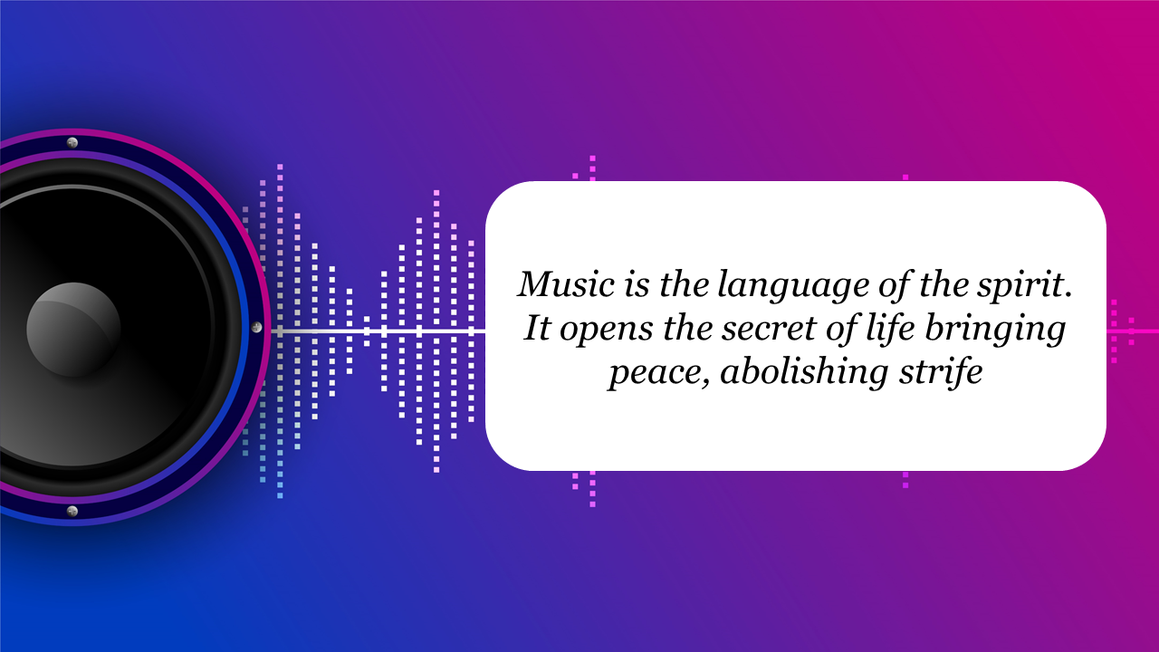 Abstract music background with vibrant colors and a quote on the power of music for the spirit.