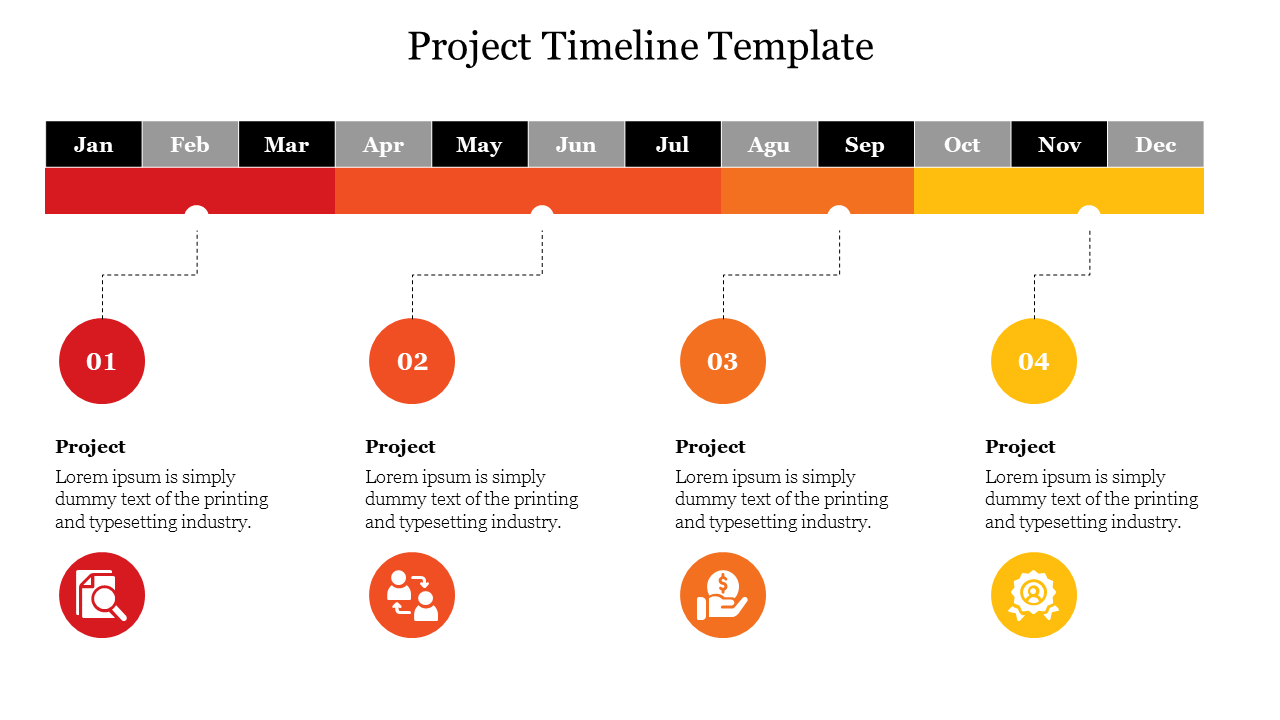 Project timeline template showing key milestones for each month of the year, with icons for tasks from January to December.