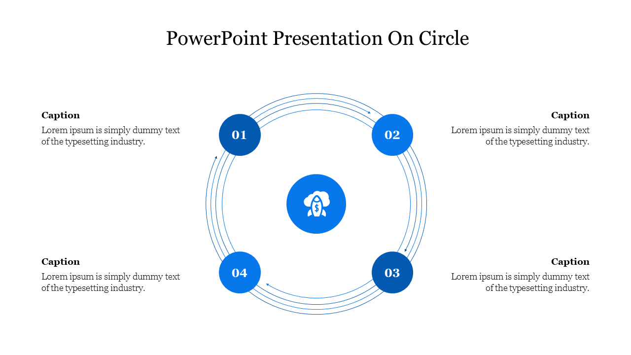 Circular process infographic with four numbered blue nodes arranged in a loop, around a central icon of a rocket.