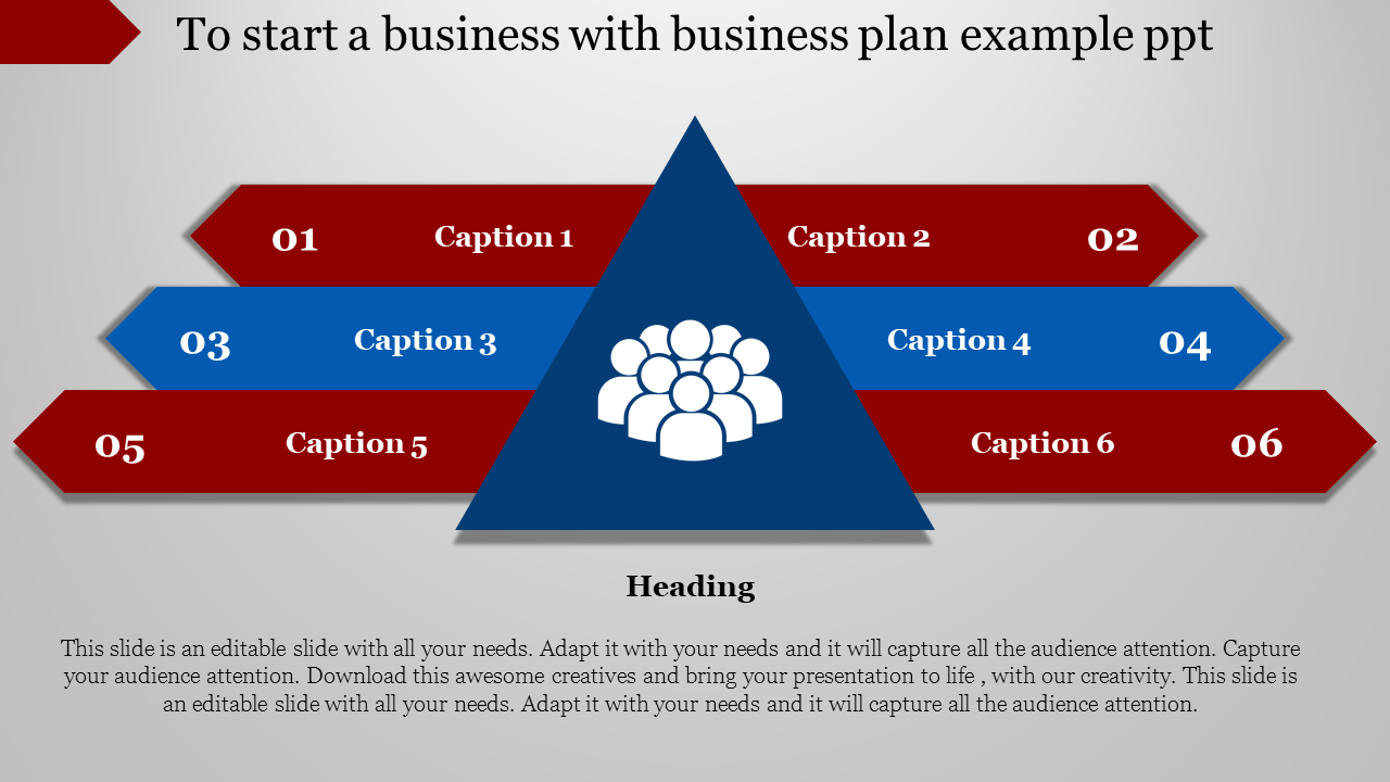 Business plan example slide with six captions with arrows pointing to a central triangle with placeholder text.