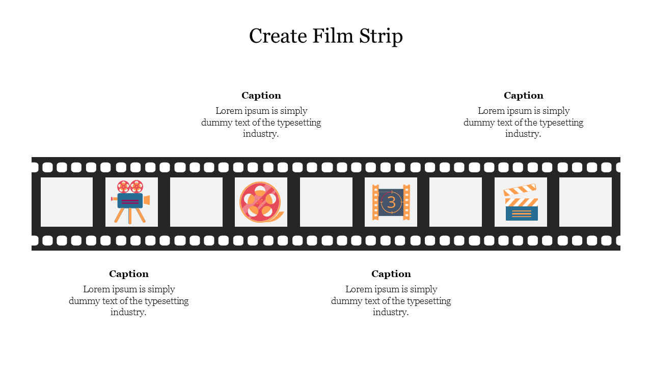 Film strip with movie-themed icons including a camera, film reel, countdown, and clapperboard, with placeholder captions.