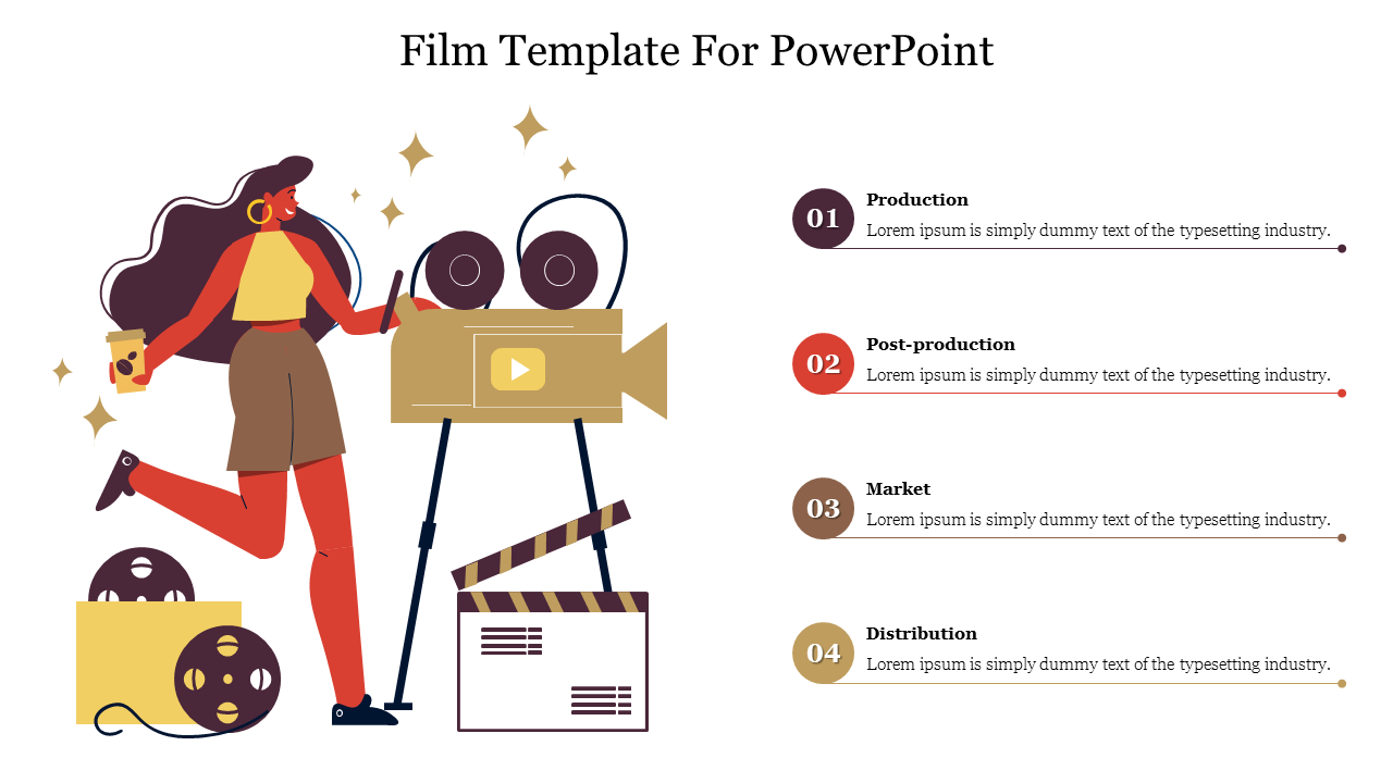 Creative colorful PPT template showing the stages of film production with a woman and a film camera with placeholder text.