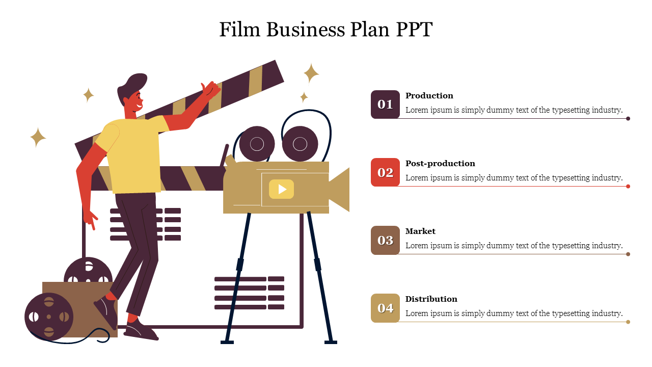 Illustration of a filmmaker holding a clapperboard next to a camera and four numbered sections on the right.