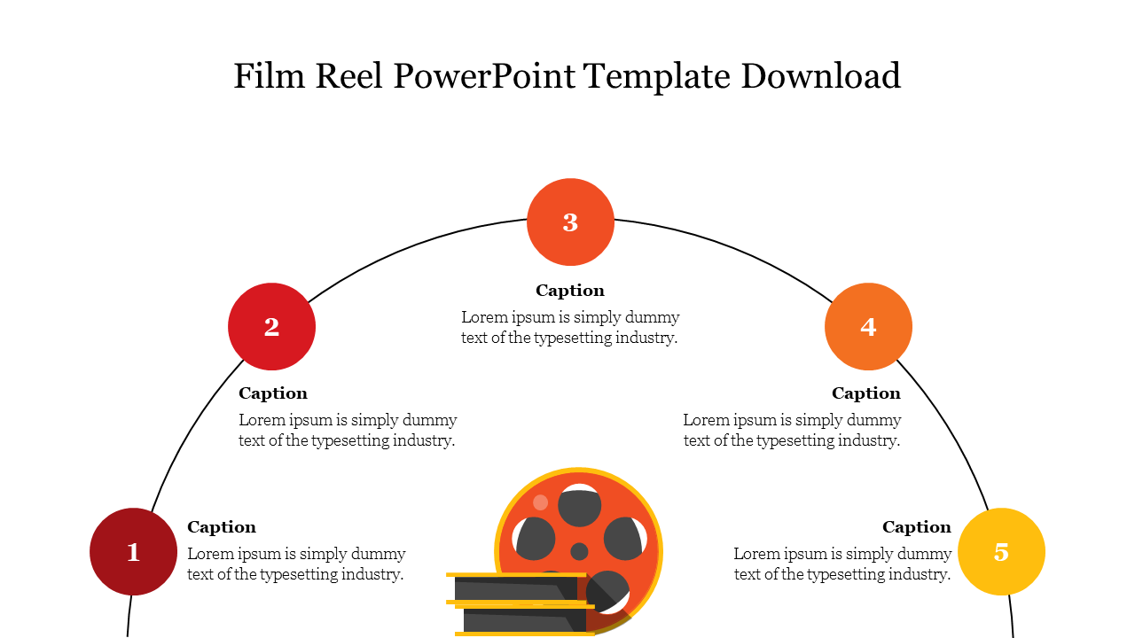 Film Reel PowerPoint template with five numbered points along a curved line, symbolizing a sequence or process.