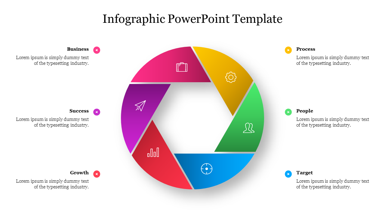 Circular infographic with six colorful segments in pink, yellow, green, blue, red, and purple, each with icons and text.