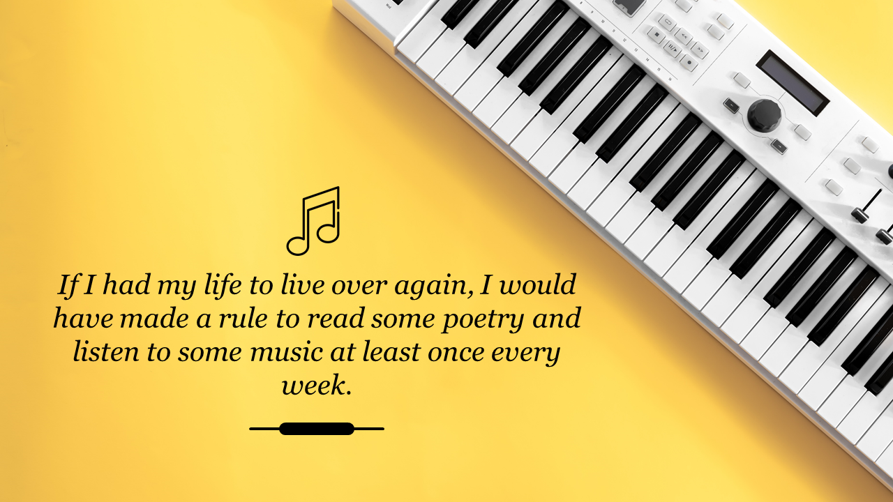 Slide featuring a piano keyboard and a quote about poetry and music on a yellow background for an instrumental theme.