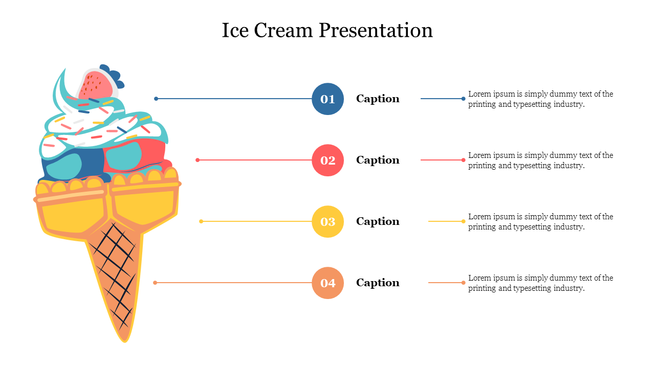 Illustration of a colorful ice cream cone on the left with four numbered caption lines extending horizontally to the right.