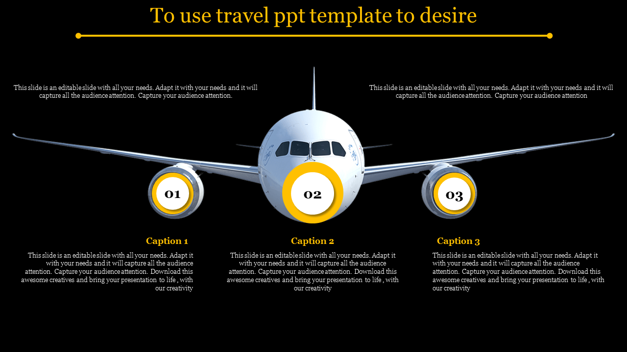 Travel themed PPT slide featuring an airplane with three circular captions on the front and wings, highlighting key points.