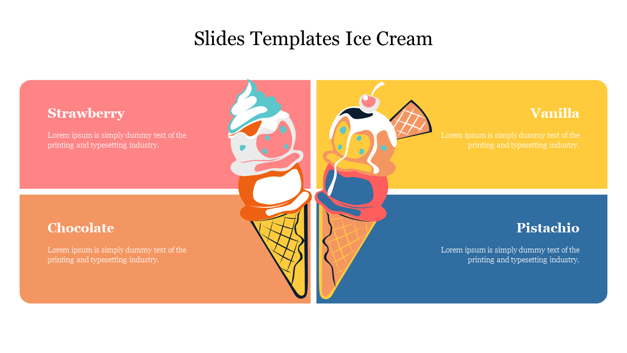 Slide with ice cream-themed graphics and four color-coded sections representing different flavors with text areas.