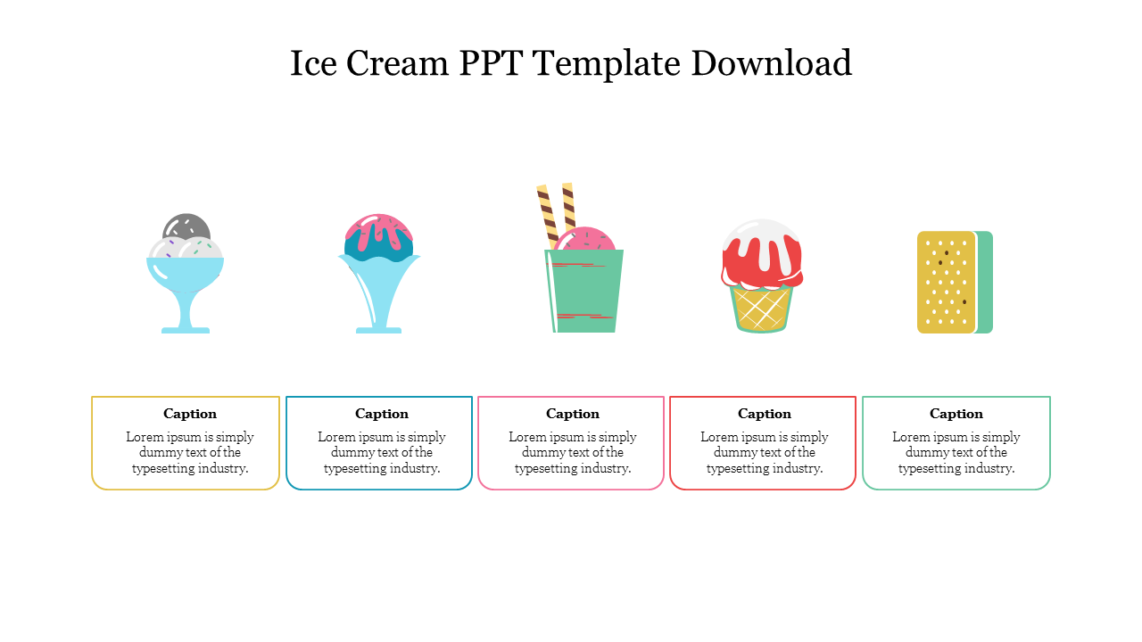 Various ice cream illustrations in colorful scoops, cones, and sandwich, each paired with a caption box below.