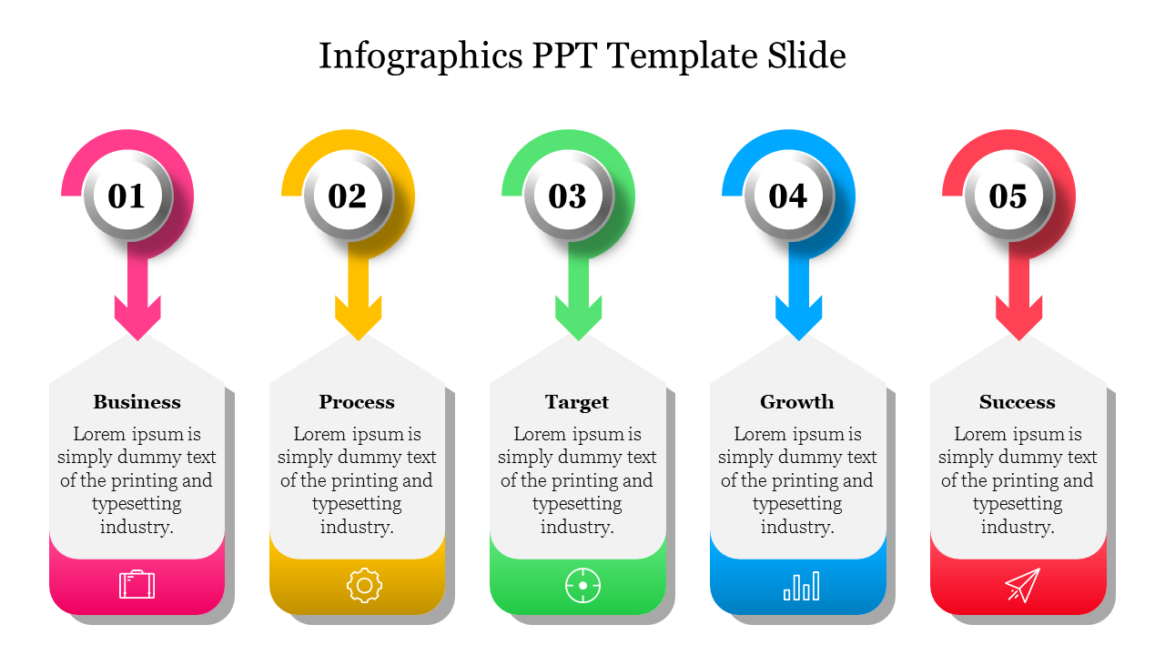 Colorful infographic slide with five numbered steps with icons and placeholder text.