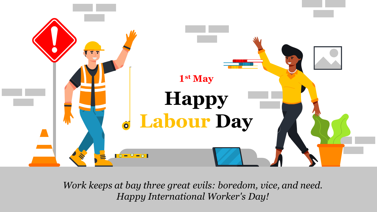 Illustration for Labour Day with two workers surrounded by various icons of warning sign, and plant pot with gray footer.