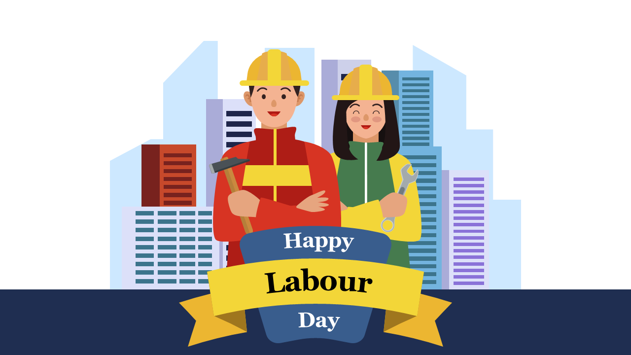 Illustration of two construction workers in front of a city skyline, wearing helmets, holding tools, and a labour day banner.