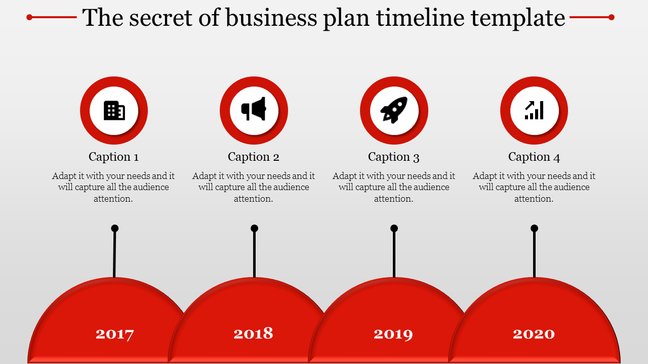 Red timeline design with four circular icons representing milestones for 2017 to 2020 on curved labels below.