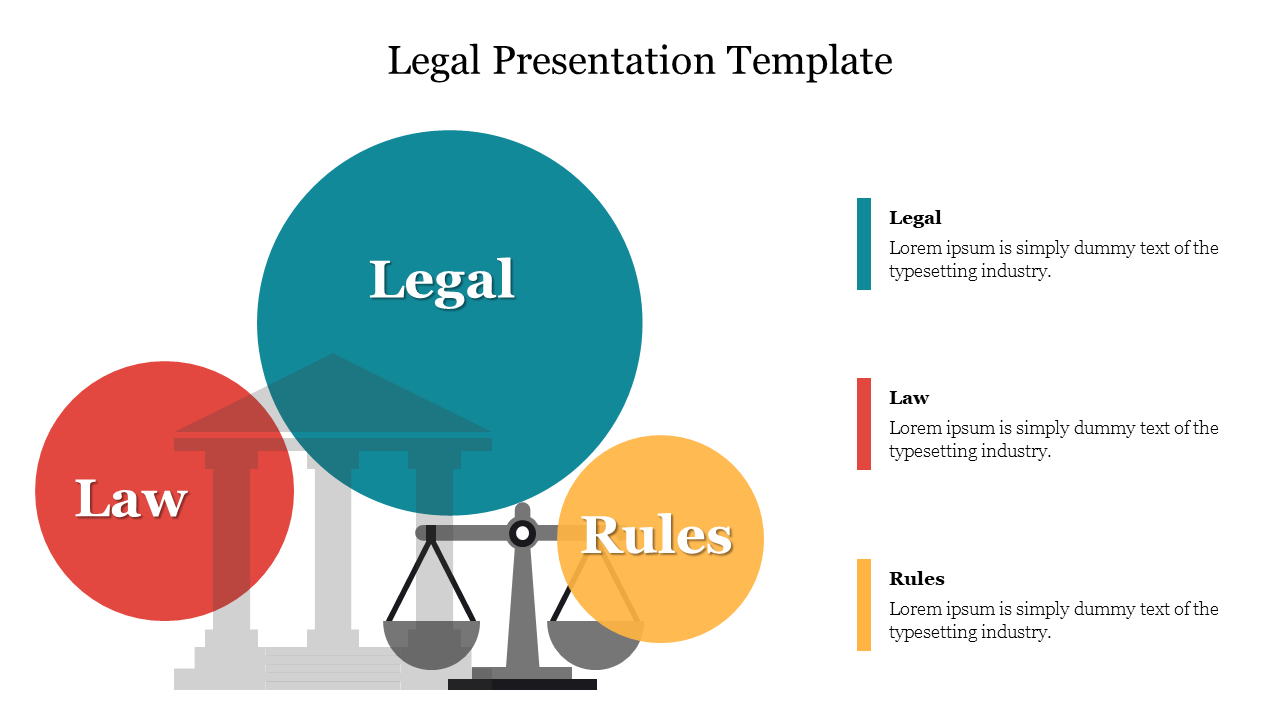 Visual representation of legal, law, and rules using three large circles and a background illustration.