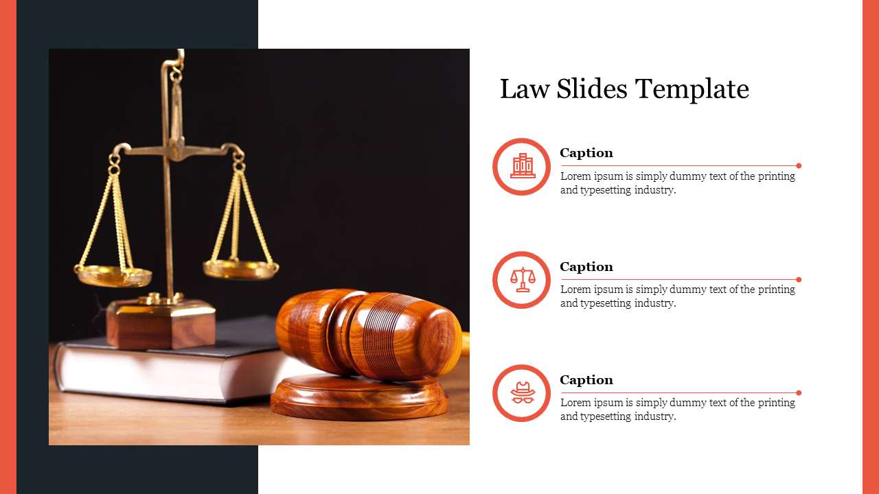 A legal setup with a gavel, scales, and a book, paired with three icons and captions on a white background.