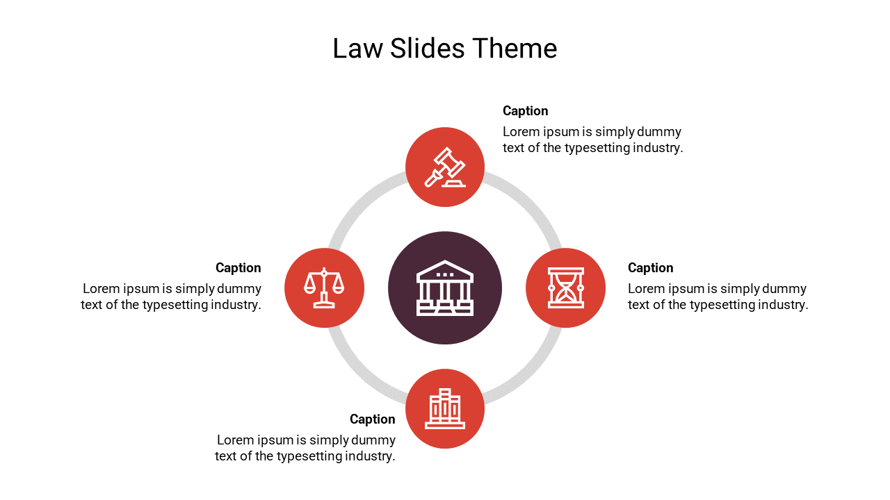 Law slide template showcasing a central courthouse graphic and four surrounding legal icons in red circles.