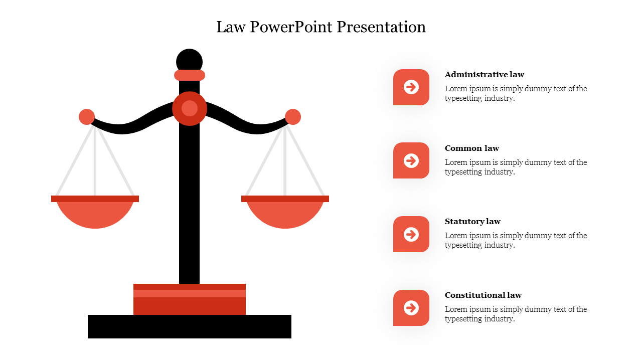 Illustration of a balanced scale representing law concepts with four sections with placeholder text.