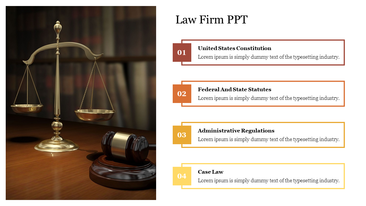 Legal slide with a balance scale and gavel on a wooden desk, alongside four color coded blocks with placeholder text.