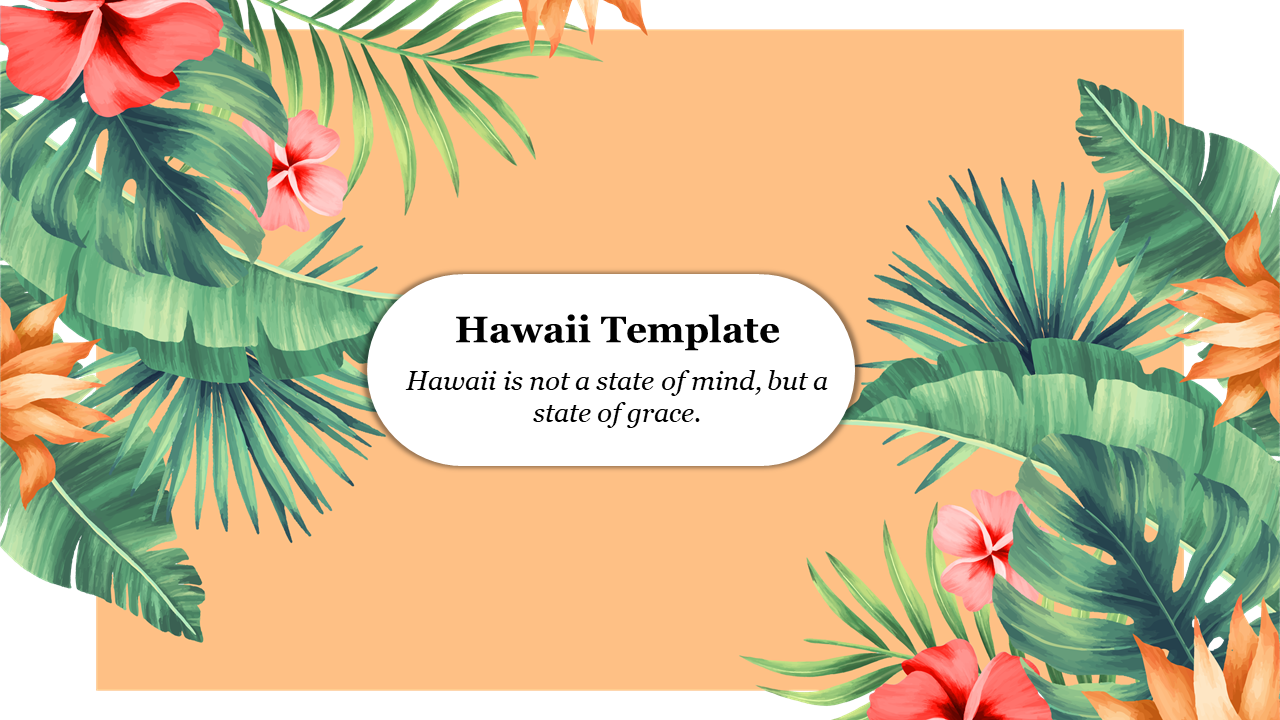 Floral Hawaii slide with lush green palm leaves and hibiscus flowers surrounding the text.