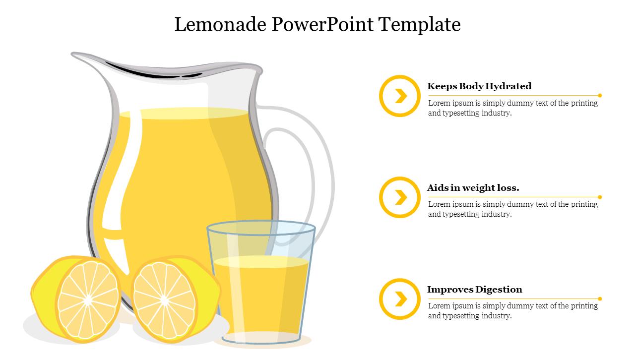 Illustration of a lemonade pitcher and glass with lemon slices, highlighting the benefits of lemonade with placeholder text.