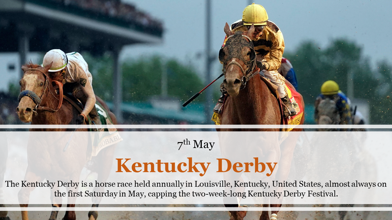 A vibrant slide celebrating kentucky derby day, featuring a racehorse and jockey in action with details about the event.