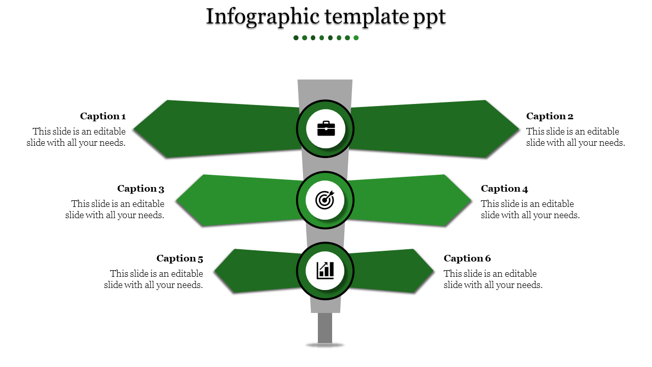 Slide featuring a vertical infographic with six arrow shaped sections pointing outward, each with a caption and icons.