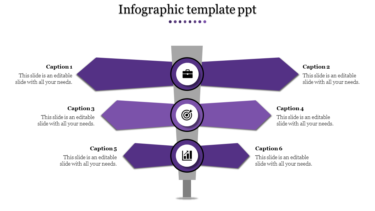 Purple infographic template with six horizontal arrows, outward with icons in circles, and captions on a white background.