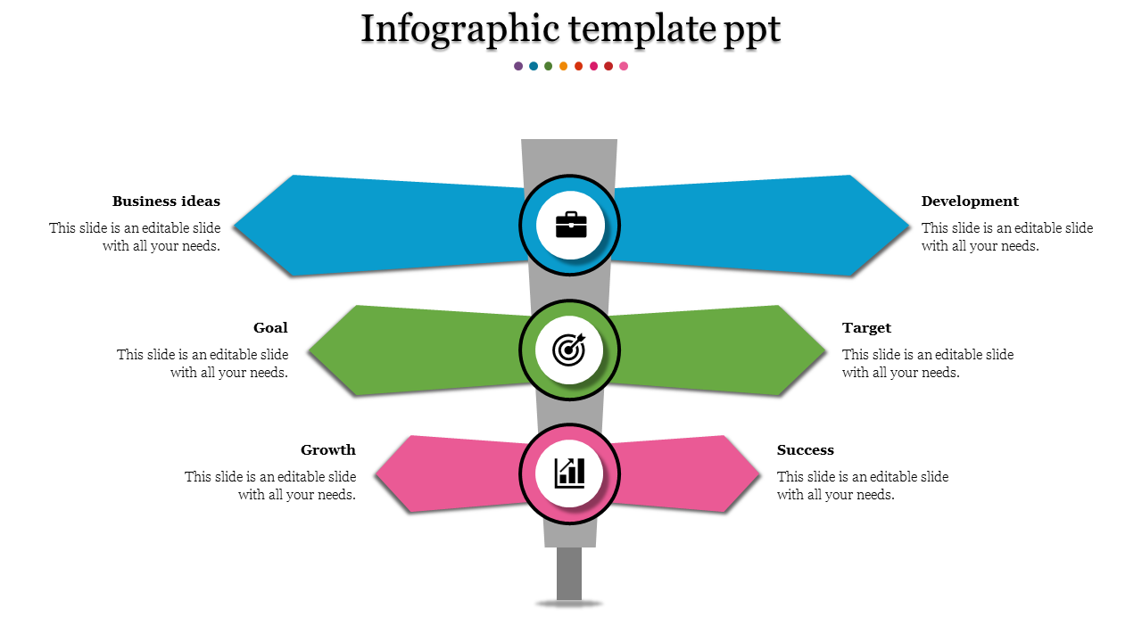 Infographic with vertical arrows pointing left and right, featuring business icons in the center and placeholder text areas.