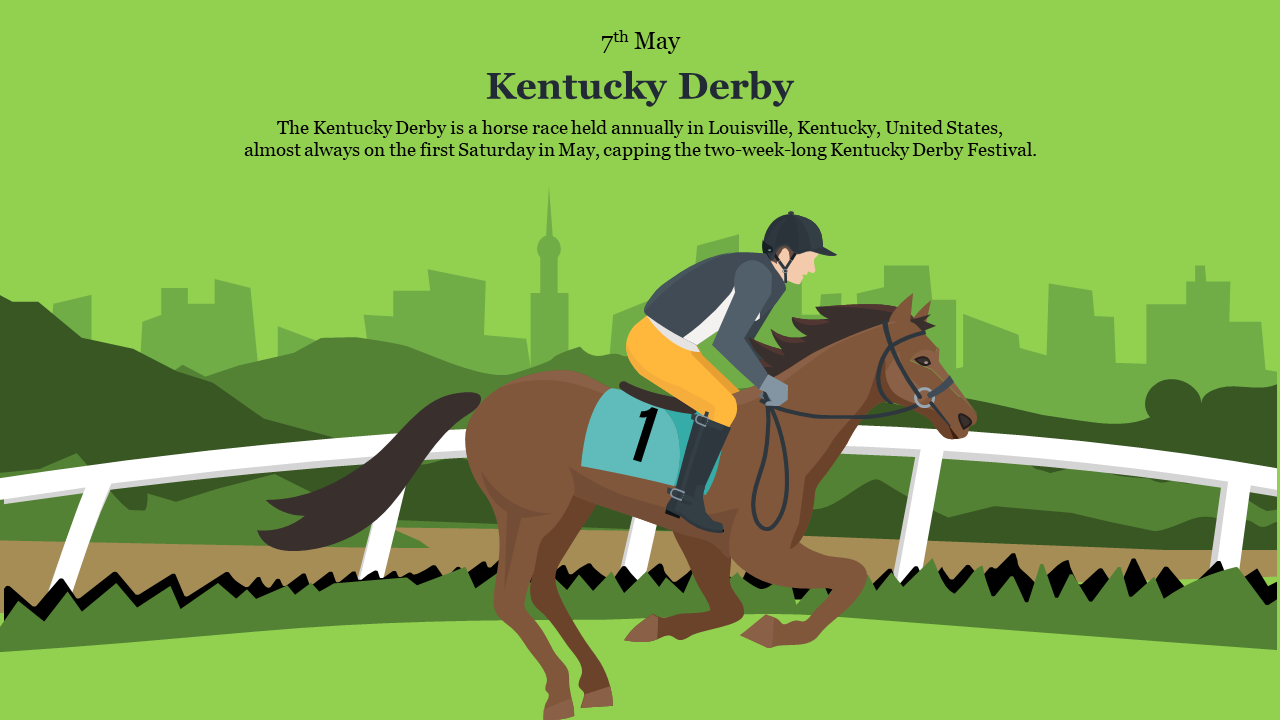 Illustration of a jockey riding a horse on a racetrack with a green cityscape background.